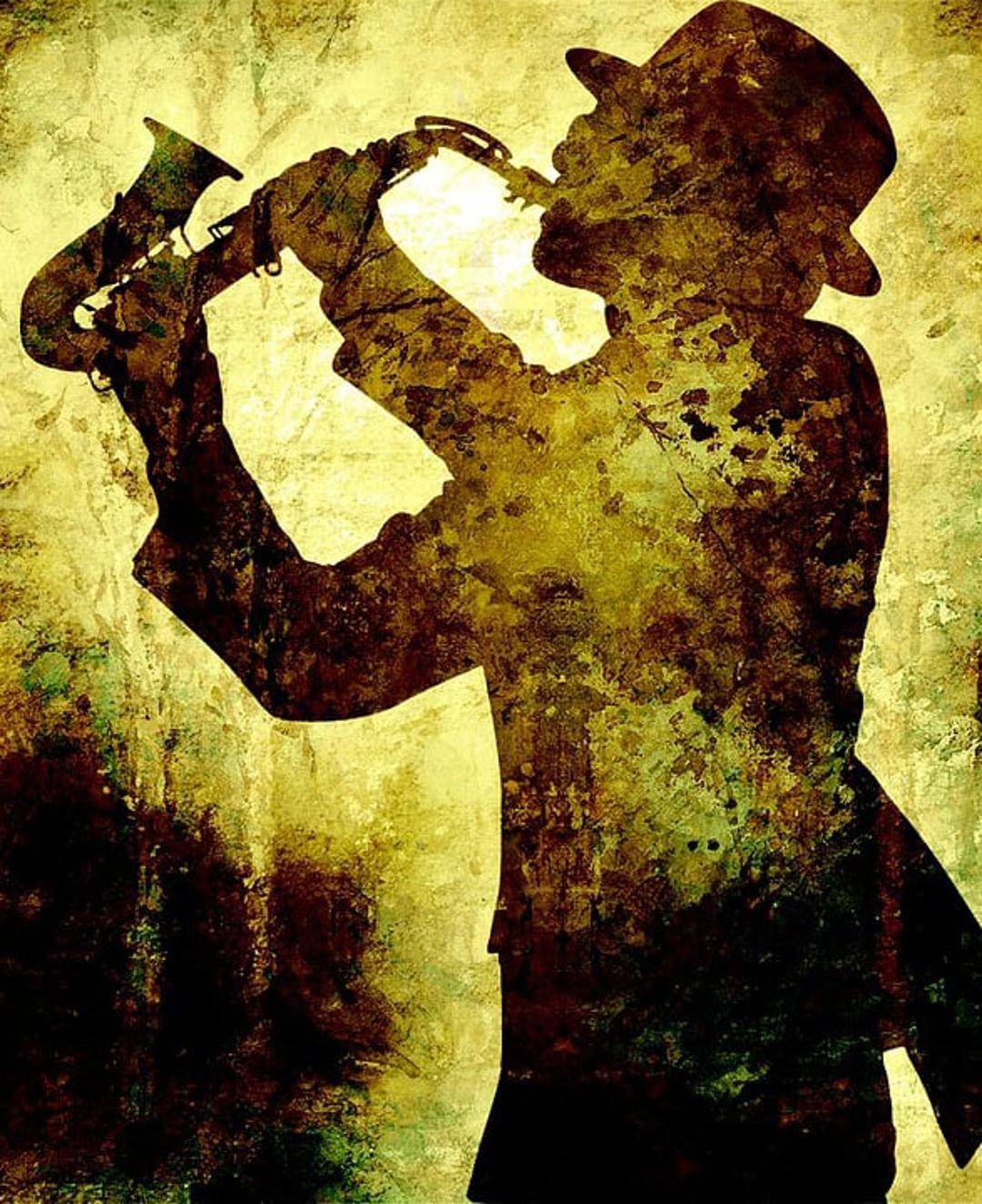 en siluett av en peson som spelar saxofon
