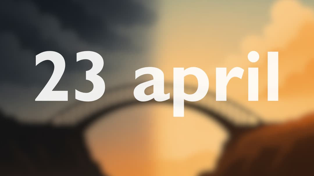 Illustration av en bro mellan två klippor, med en himmel som skiftar från mörkt till ljust. Ovanpå bilden står texten ‘23 april’ i stora vita bokstäver.