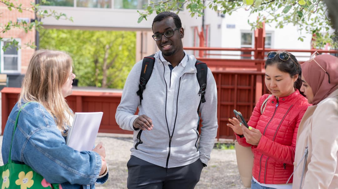  A group of students standing and talking to each other outside the campus.