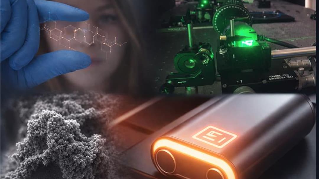 Startbild för "Avancerade material och processer" som är AI-genererad och visar batterier, laser och en formel