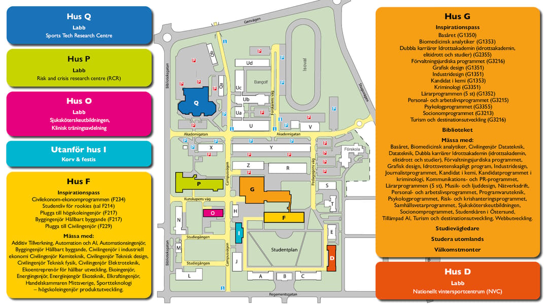 karta över campus för Öppet hus i Östersund