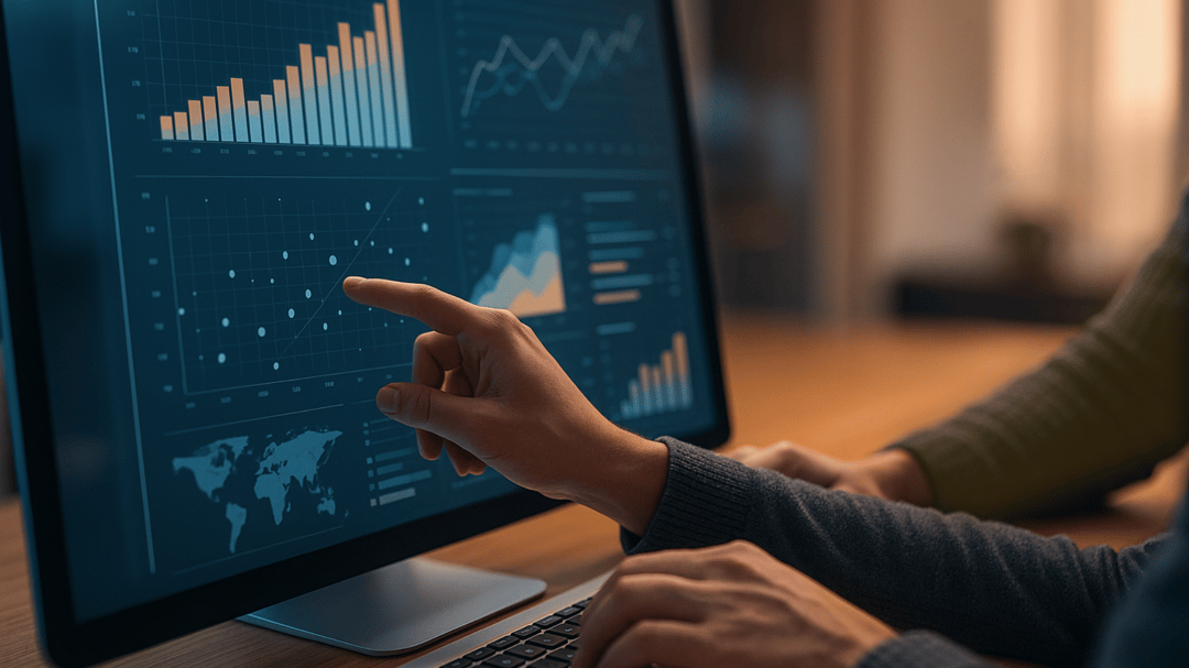 En person pekar på en datorskärm som visar datadiagram, punktdiagram och en världskarta i blå och orange toner, vilket illustrerar datavisualisering och analys.