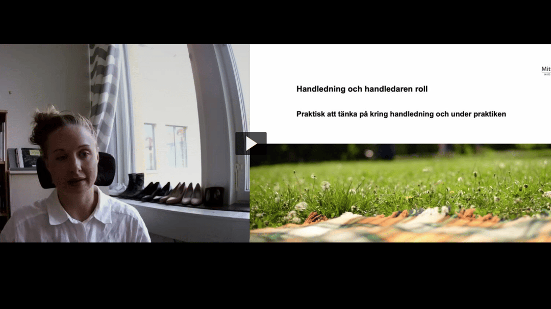 Webbföreläsning med föreläsaren till vänster och presentationsbilder till höger.