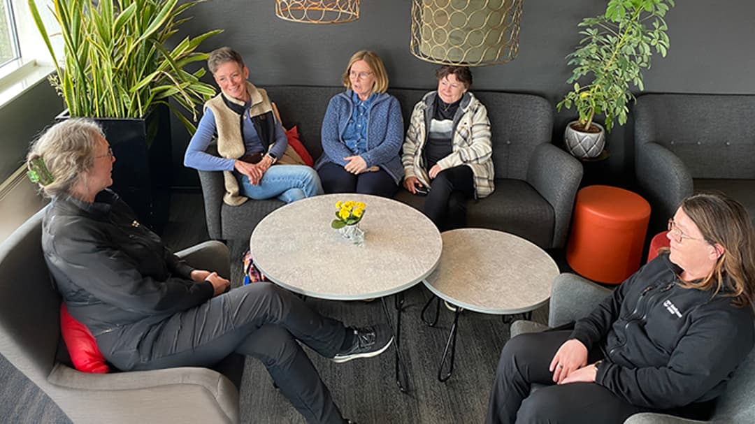 Fem personer sitter i soffgrupp och pratar.