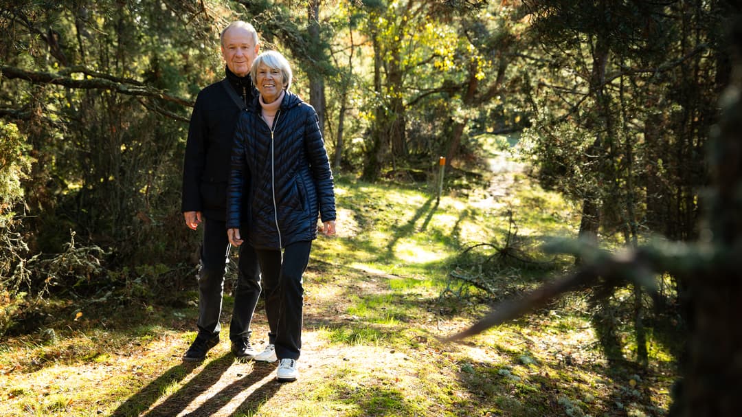 Elderly couple out for a walk in the woods, the sun is shining