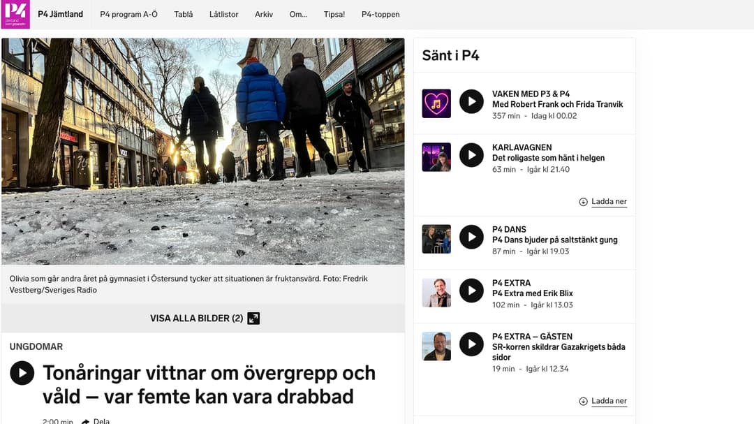 Skärmavbild på nyhet från P4 Jämtland, Sveriges radio