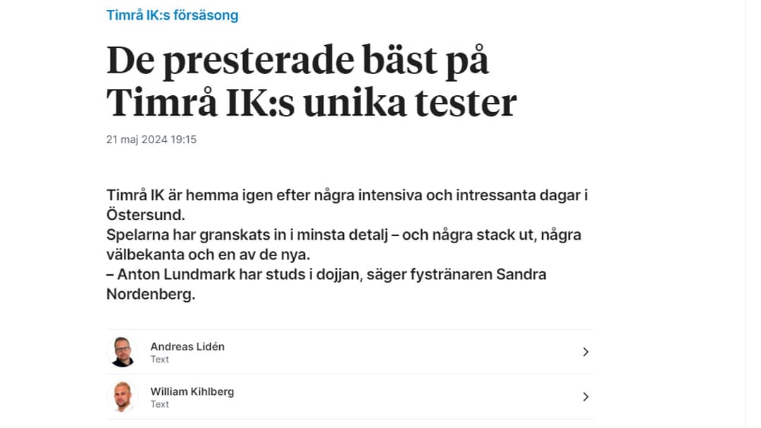 Klipp från tidning: rubrik "De presterade bäst på Timrå IK:s unika tester".