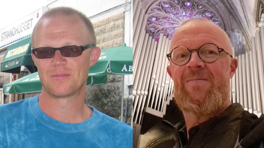 Två porträttbilder på en man, den vänstra visar honom för 20 år sedan och den högra visar honom idag.