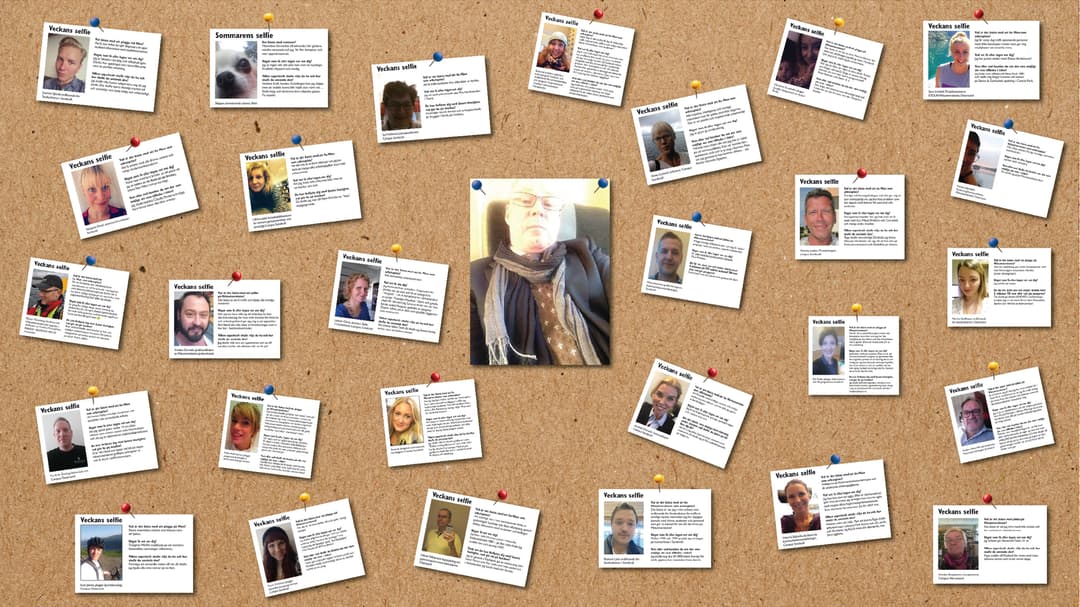 collage av gamla versioner av veckans selfie, med en äldre man i mitten