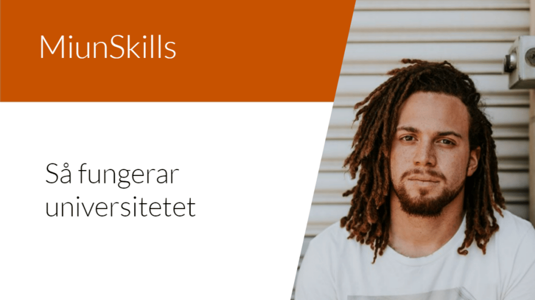 Text MiunSkills Så fungerar universitetet och Bild på en man med dreadlocks