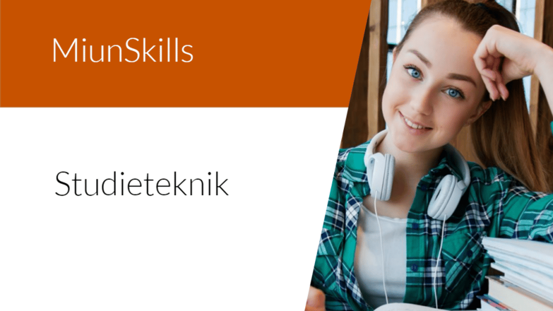 Text MiunSkills studieteknik och Bild på en kvinna som studerar