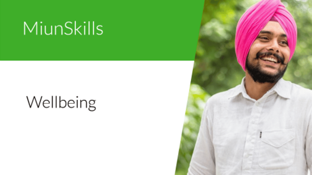 Text MiunSkills Wellbeing and image of a man with a pink turban