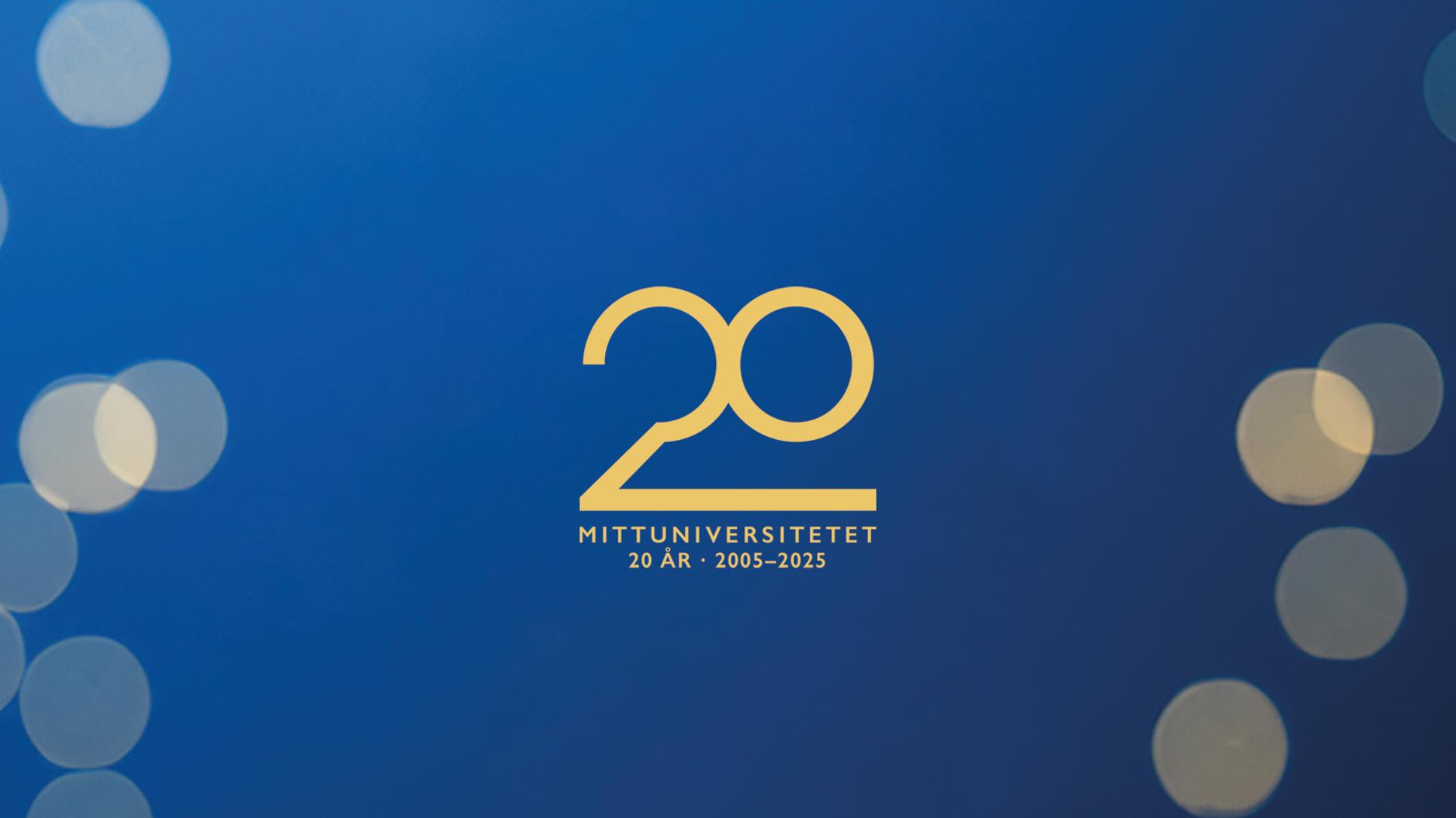 Mörkblå bakgrund med gildglitter och texten Mittuniversitetet 20 år 2005-2025.