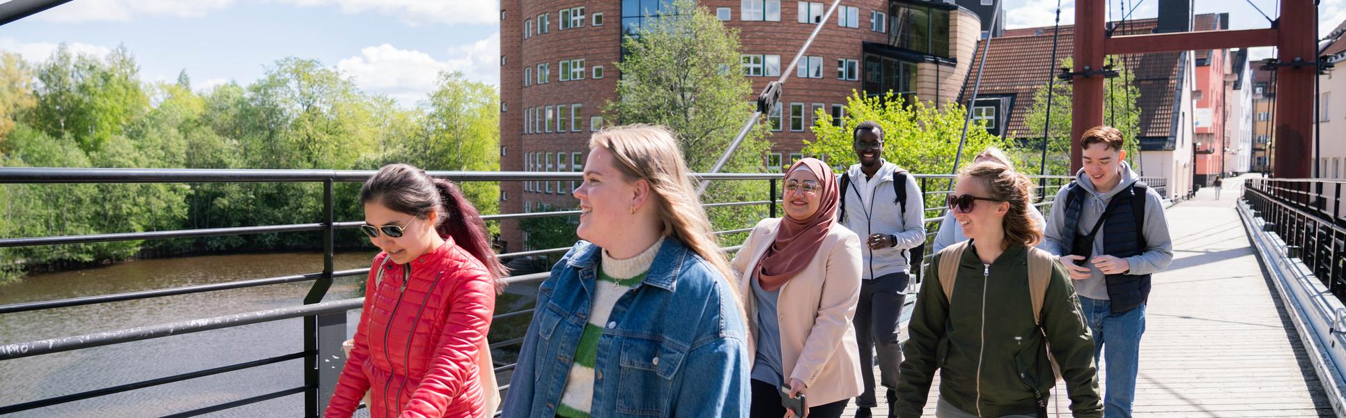 A group of friends walking on the bridge at Campus Sundsvall.