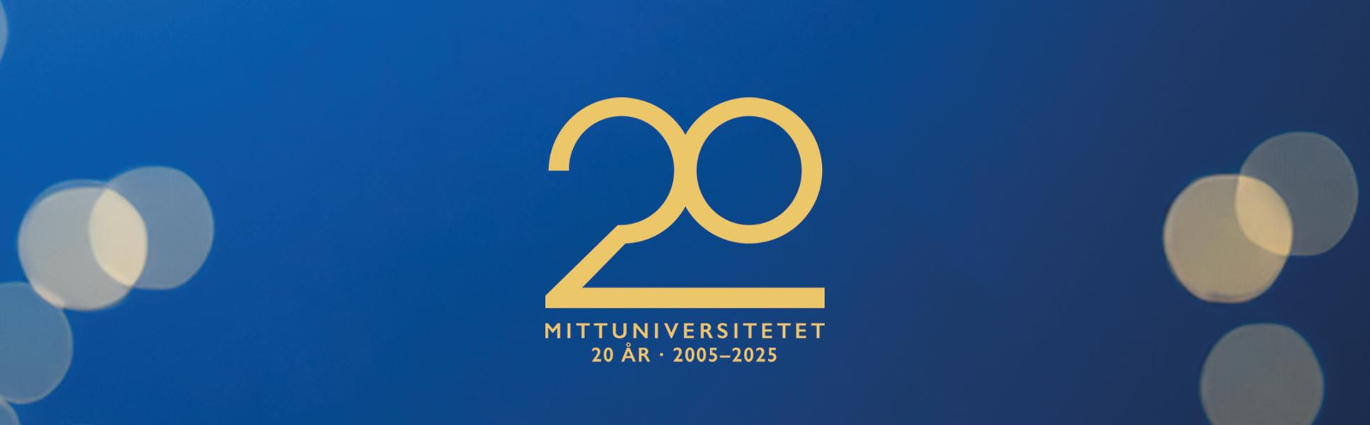 Mörkblå bakgrund med gildglitter och texten Mittuniversitetet 20 år 2005-2025.