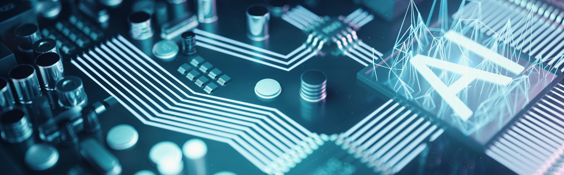 3D illustration abstract artificial intelligence on a printed circuit board. Technology and engineering concept. Neurons of artificial intelligence. Electronic chip, head processor 