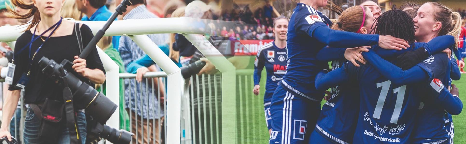Bildmontage. En kvinna med flera kameror står framför en stor grupp människor. Bredvid den bilden kramas flera kvinnor i fotbollskläder på en gräsplan.