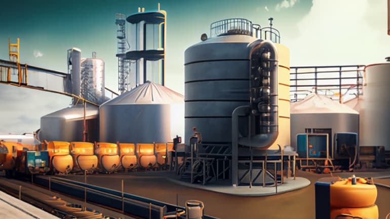 AI-genererad bild som visar olika typer av silos i metall.