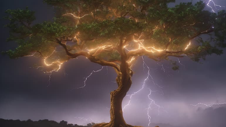 AI-generated image depicting a tree with lightning striking through the canopy.