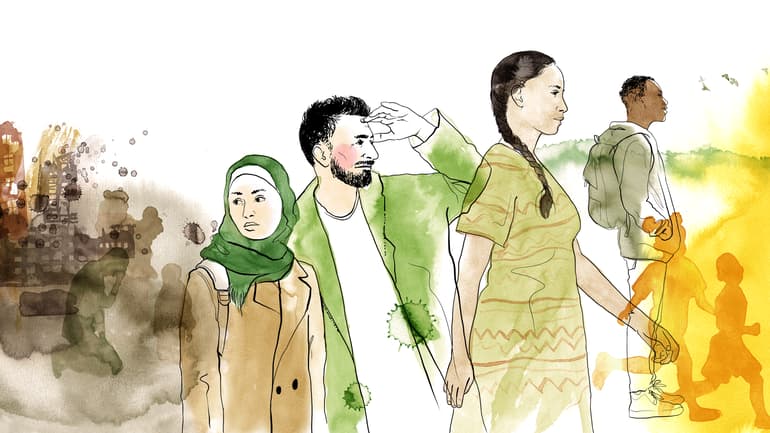 Illustration av människor på flykt.