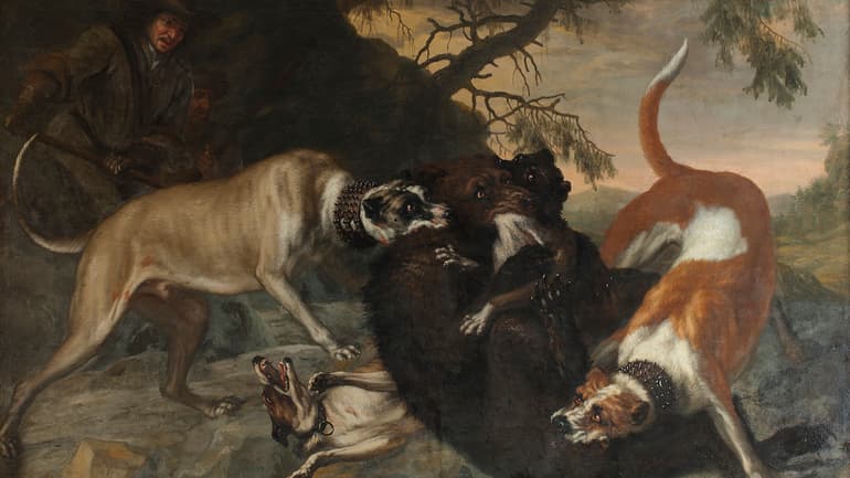 A painting of a dark brown bear fighting with four dogs.