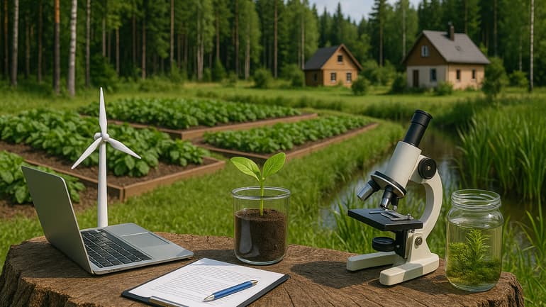 On a tree stump, there is a microscope, a laptop, and a small plant in a glass jar - in the background, there are some houses, fields, and forest.