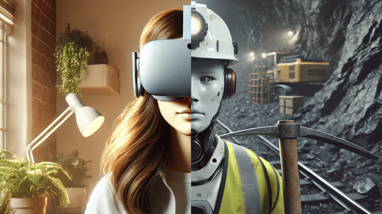 An image divided into two that shows a woman wearing a virtual reality headset in a comfortable office on the left and a humanoid robot with a hard hat working in a mine with a pickaxe on the right.