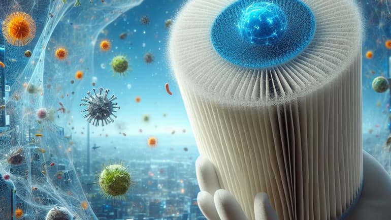 AI generated image showing a hand holding an air filter and viruses surrounding the filter.