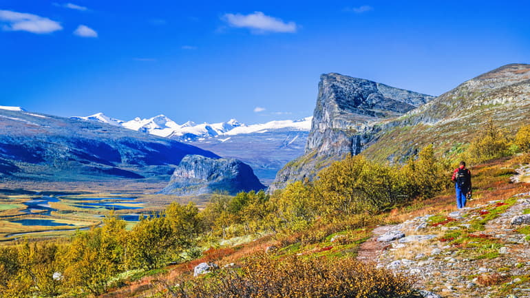 Fjällandskap med vegetation och person med ryggsäck