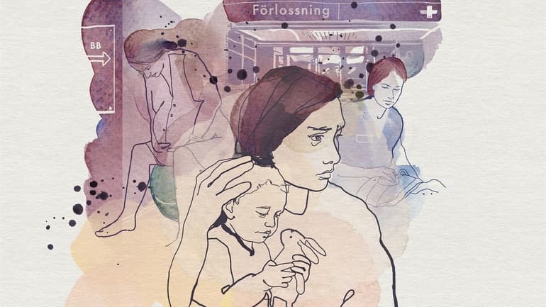 Illustration av kvinna med barn i famnen, i bakgrunden scener från förlossning och längst bak ingången till en förlossningsavdelning.