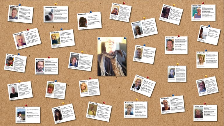 collage av gamla versioner av veckans selfie, med en äldre man i mitten