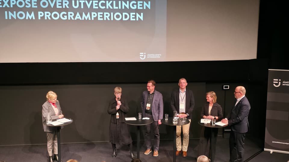 Tre kvinnor och tre män står på en scen