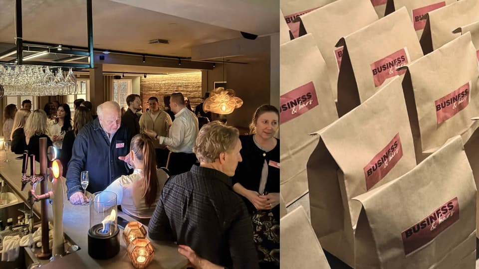 Ett kollage av två bilder. Till vänster människor som minglar och pratar vid en bar. Till höger, presentpåsar märkta "Business & Bärs". 
