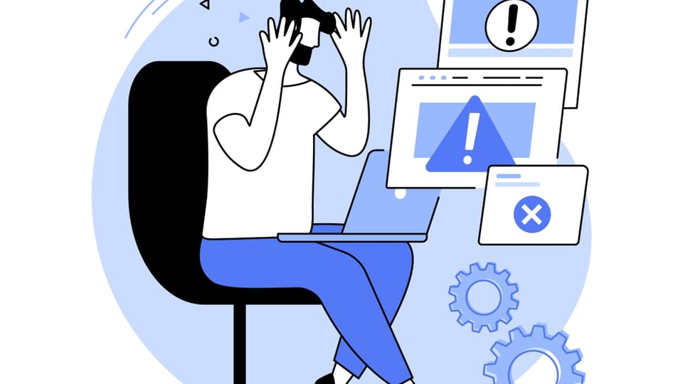 Illustration av man med bärbar dator som illustrerar mjukvaruproblem.
