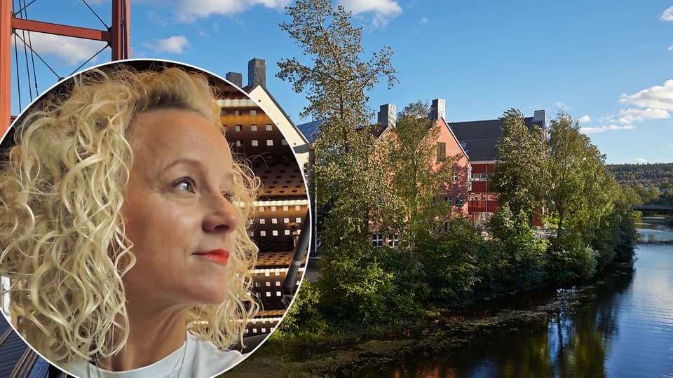ett porträtt av en kvinna samt en bakgrund med hus och vatten
