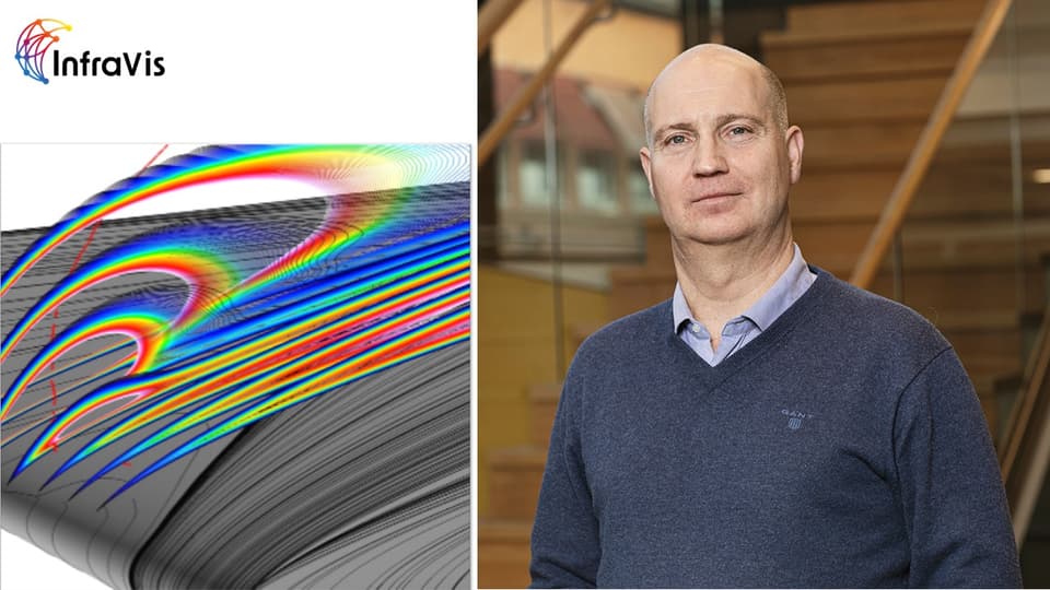 Kollage med datavisualisering från InfraVis och porträttbild på man