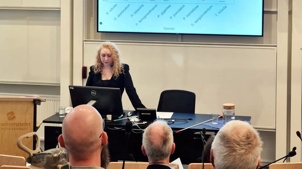 en kvinna står i en lärosal framför en publik