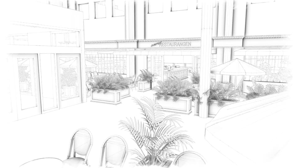 Svartvit illustration av en restaurangmiljö.