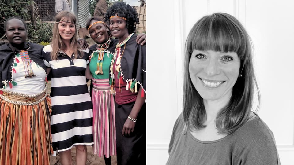 Tvådelat bildkollage. I bilden till vänster syns Heather tillsammans med tre kvinnor under ett av sina arbeten i Afrika. De har alla vackra och färgglada kläder. Till höger syns en porträttbild på Heather, hon är glad.