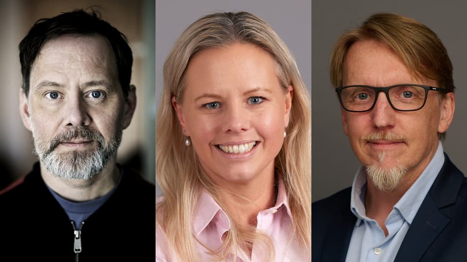 Porträttfoton på två män och en kvinna