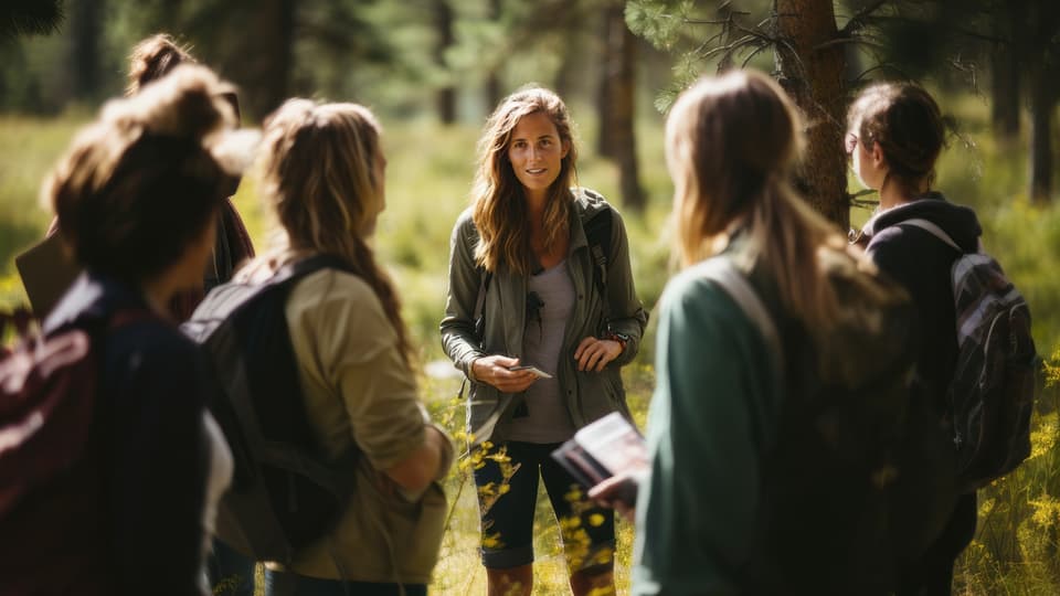 En grupp turister i ett skogsområde. Alla bär ryggsäckar och är klädda i friluftskläder. 