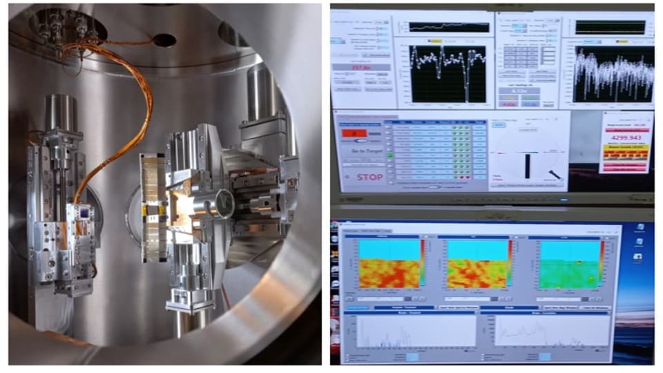 Bildcollage av bilder från ett laboratorieverktyg och datorbild på provresultat