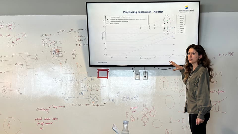 En kvinna står framför en stor whiteboard och tv-skärm och föreläser.
