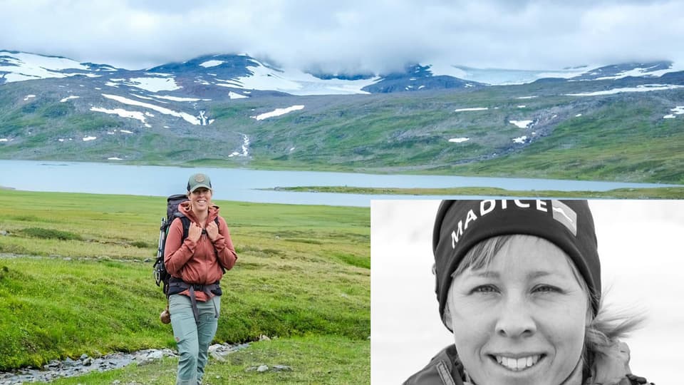 En kvinna står i ett fjällandskap, infällt en bild på kvinnans ansiet