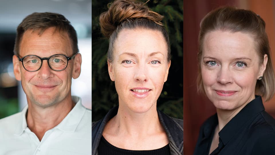 Kollage: porträttbilder av en man och två kvinnor