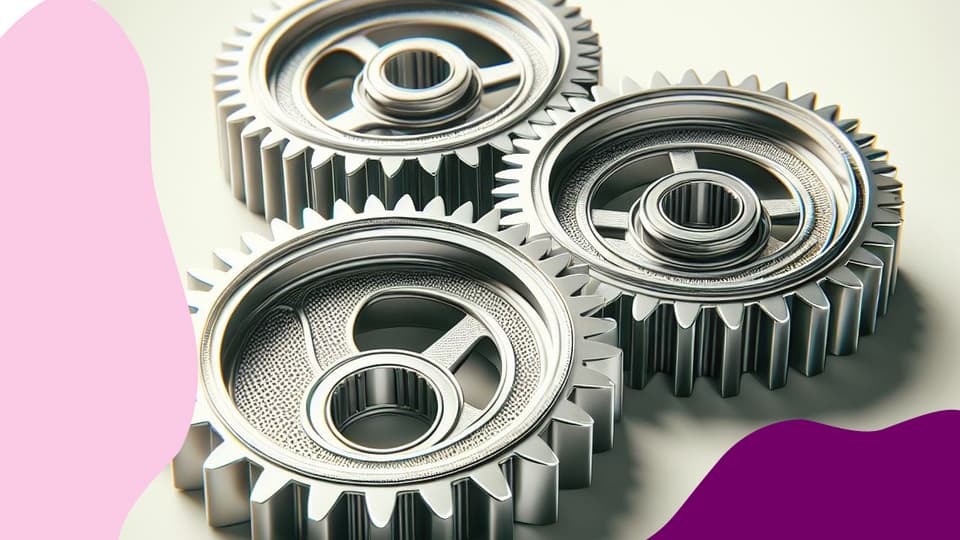 Three gears with paint splashes in pink and purple