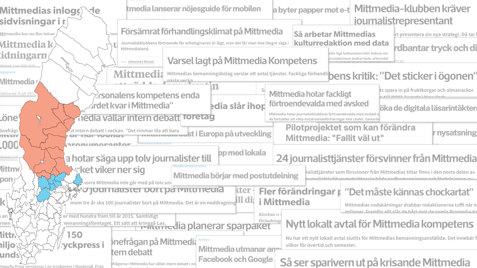 Sverigekarta samt dimmade tidningsrubriker