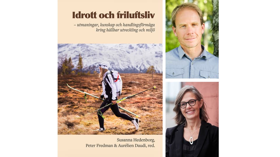 Bildmontage med tre bilder: Ett bokomslag, en man med blå skjorta och en kvinna i svart kavaj. 