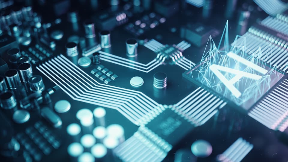 3D illustration abstract artificial intelligence on a printed circuit board. Technology and engineering concept. Neurons of artificial intelligence. Electronic chip, head processor 