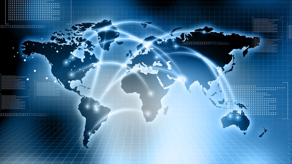 Digital world map with lines between different cities in different continents.
